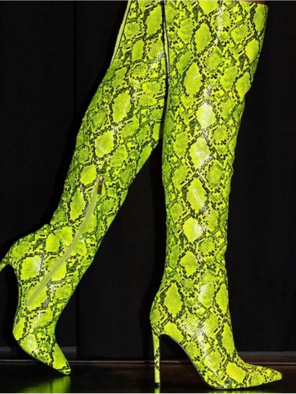 Neon Yellow Snake-Print Over-the-Knee Stiletto Boots